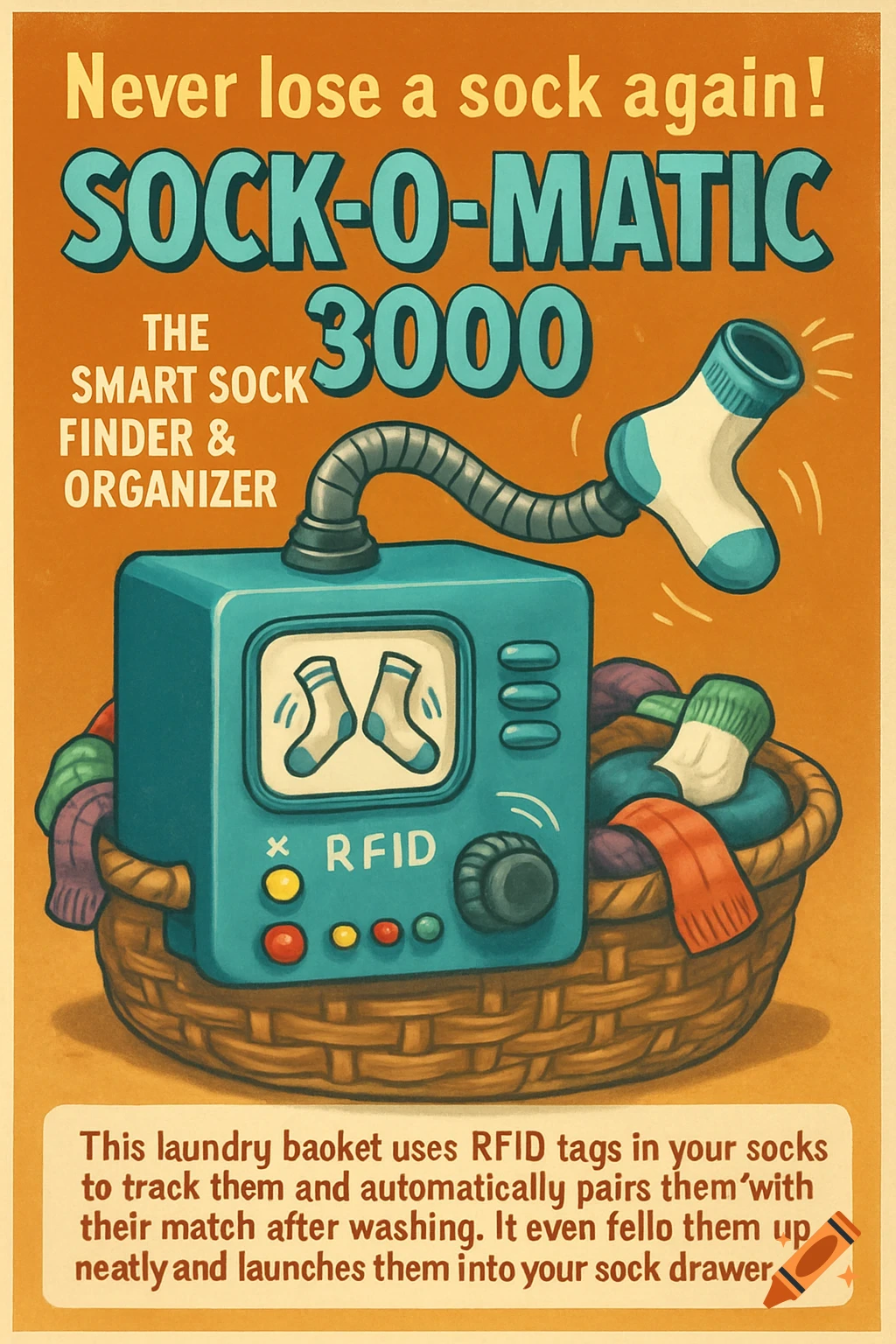 Vintage-style illustration of a Sock-O-Matic 3000 machine in a laundry basket with text advertisement.