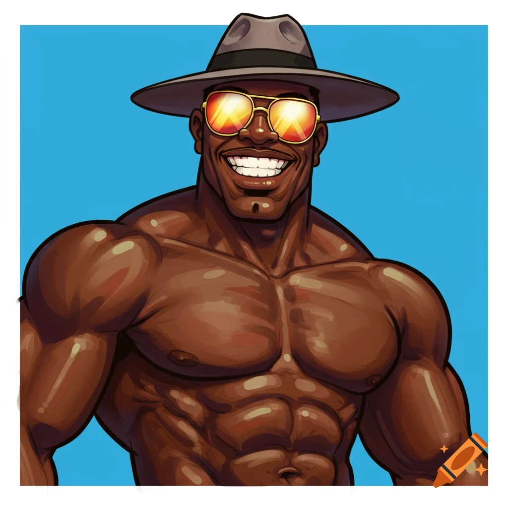 A cartoon illustration of a smiling, muscular black man wearing a fedora and sunglasses.