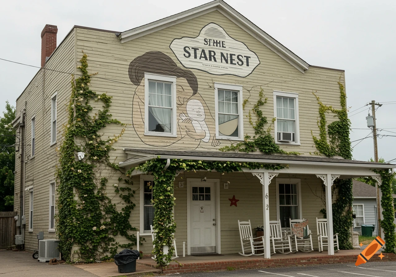 A pale yellow building with a mural of a mother holding a baby and a sign for The Star Nest. It has a porch with rocking chairs and ivy.