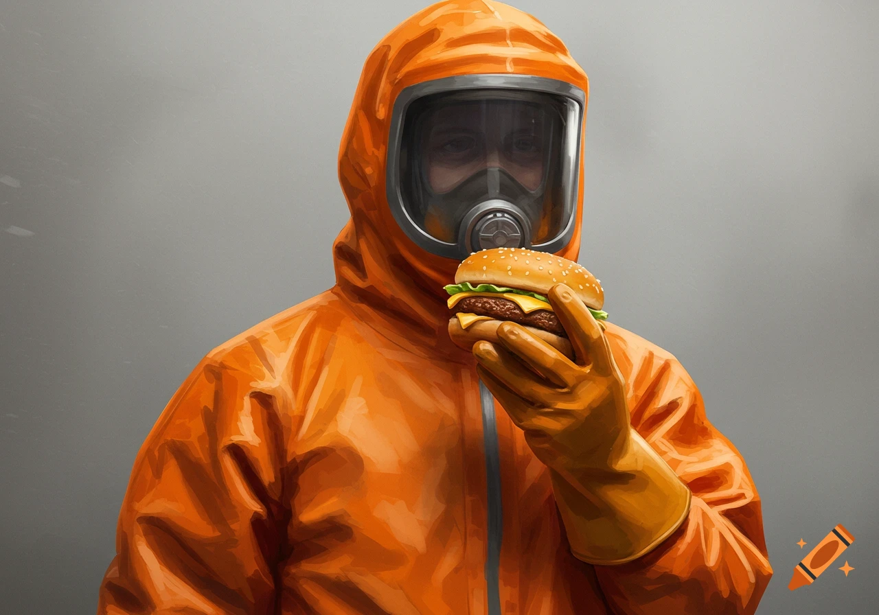 Person in orange hazmat suit holding a hamburger