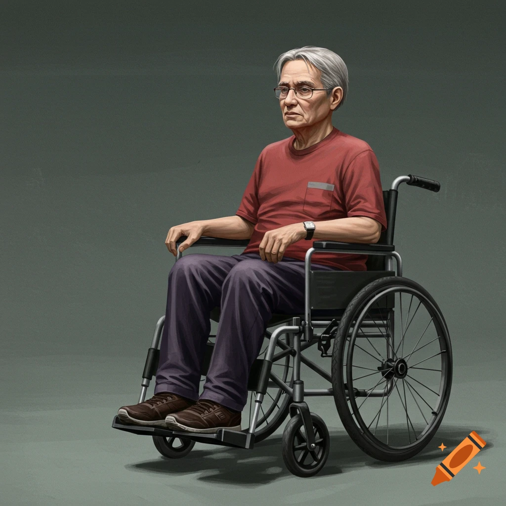 Elderly Asian man in a wheelchair wearing a red shirt.