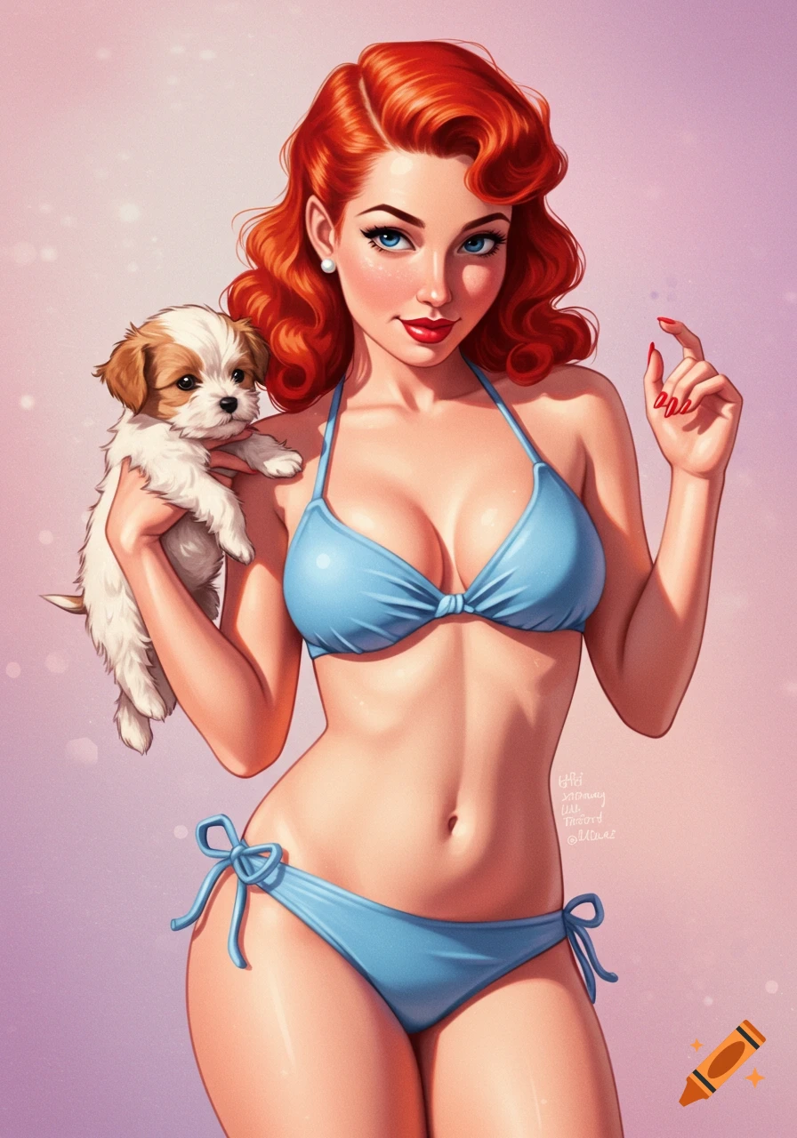 Illustration of a red-haired pinup girl in a blue bikini holding a puppy