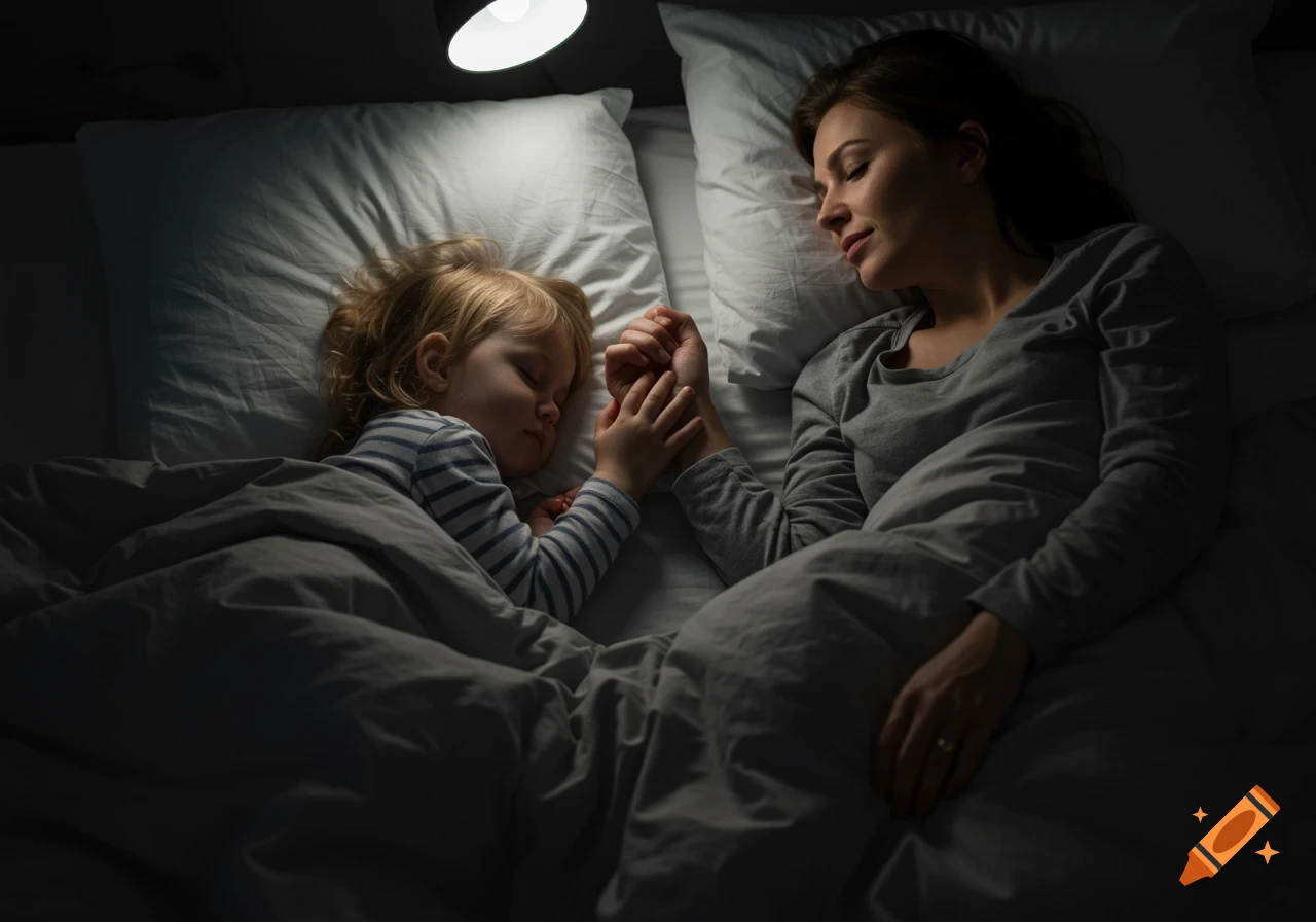Mother and child sleeping together in bed at night, holding hands.