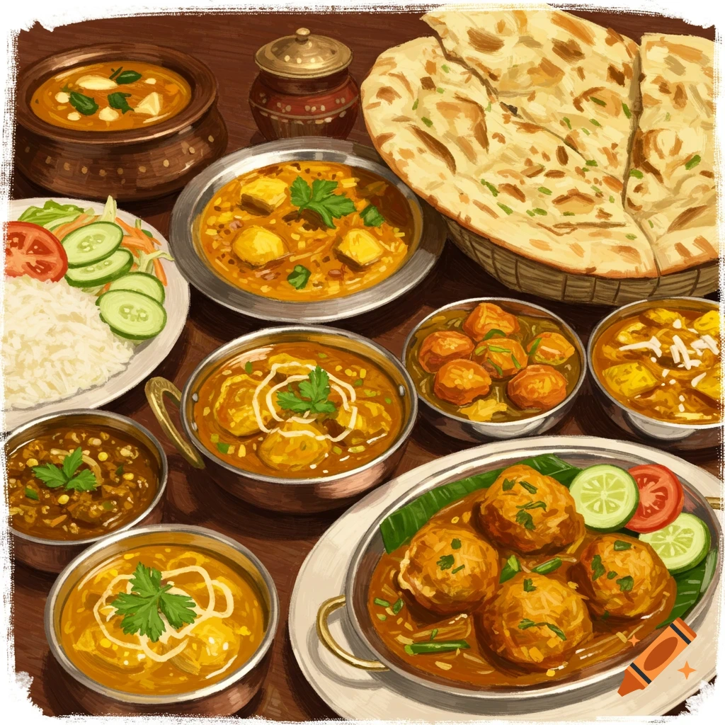 A table laden with various Indian dishes including curries, naan bread, rice, and salad, in a painterly style.