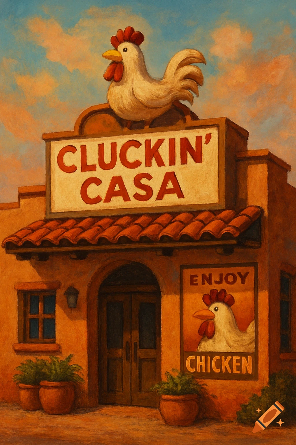 Painting of "Cluckin' Casa" restaurant with a large chicken on the roof and a "Enjoy Chicken" poster.