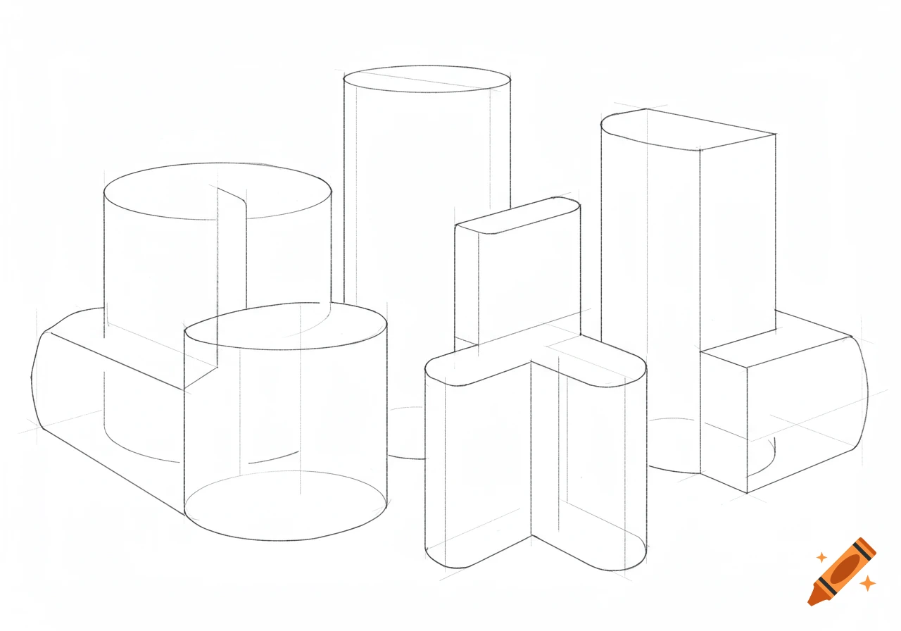 A contour line drawing of several geometric shapes based on cylinders.