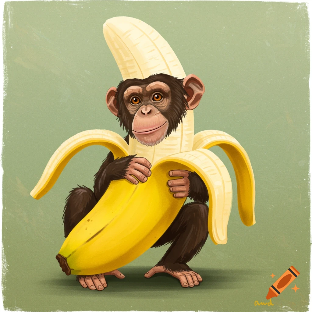 Cartoon illustration of a chimpanzee sitting inside a large, peeled banana.