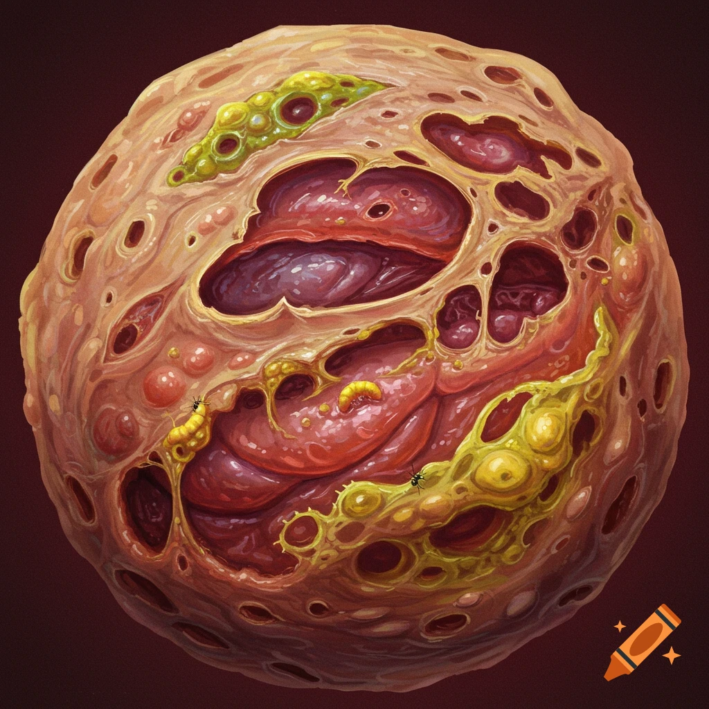 Detailed illustration of a grotesque organic sphere with holes, visible internal tissue, and small creatures.