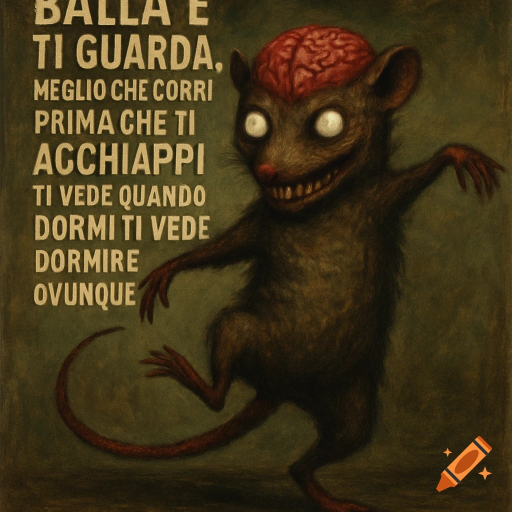 Creepy illustration of a rat-like creature with exposed brain and sharp teeth, dancing next to Italian text.