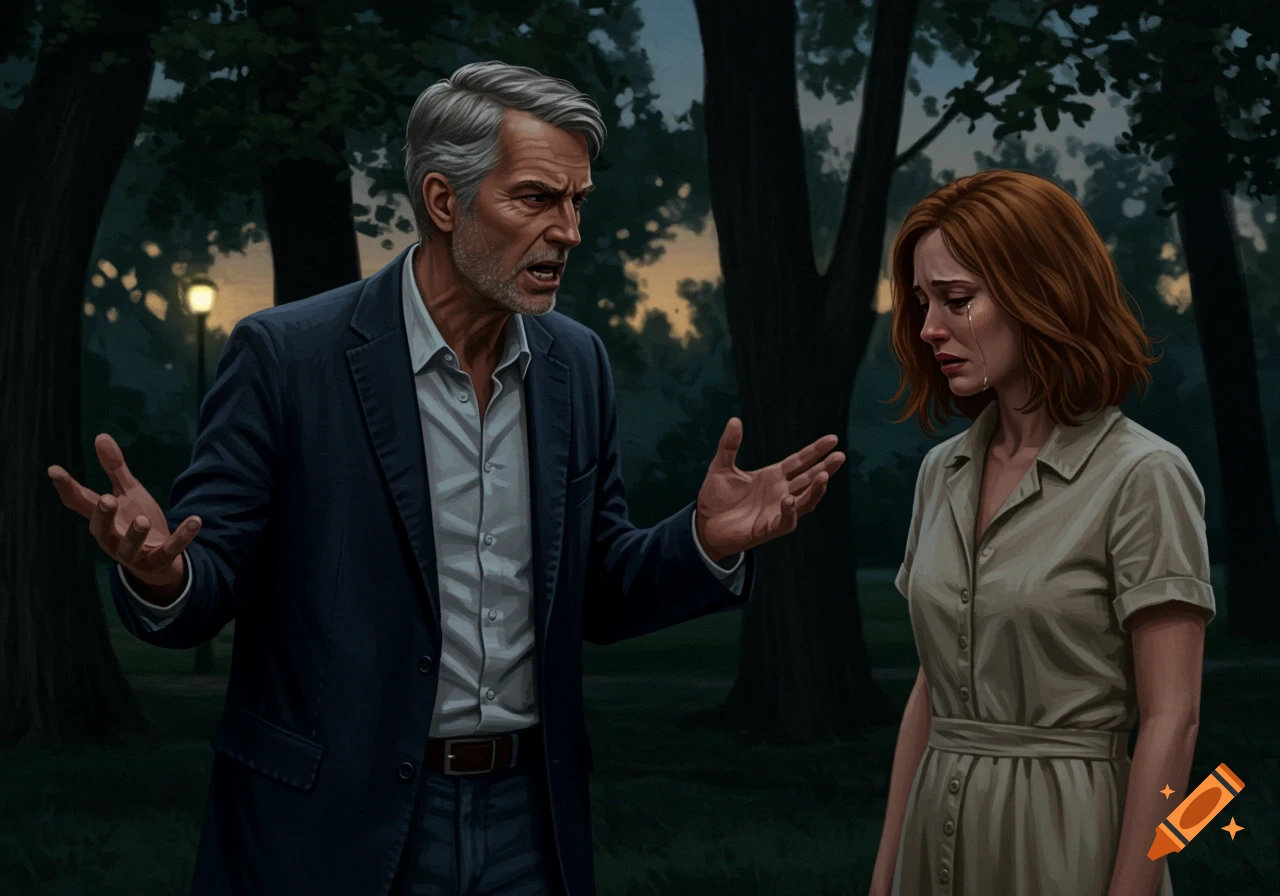 Digital painting of a man yelling at a crying woman in a park.