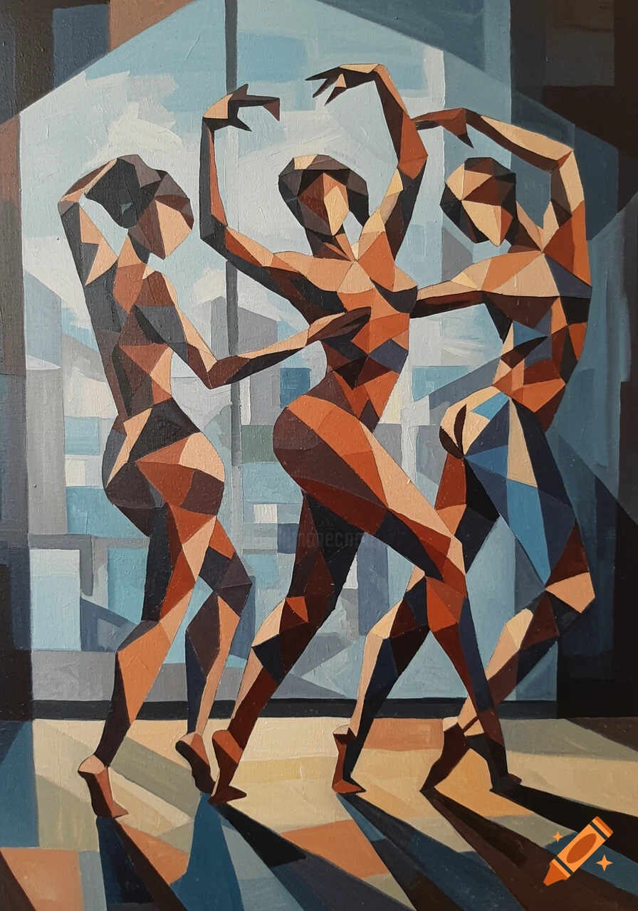 Semi-abstract cubist painting of three figures dancing in front of a window.