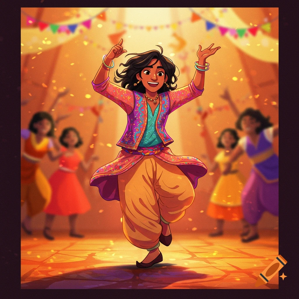 Woman dancing in colorful traditional clothing at a festive event with confetti.