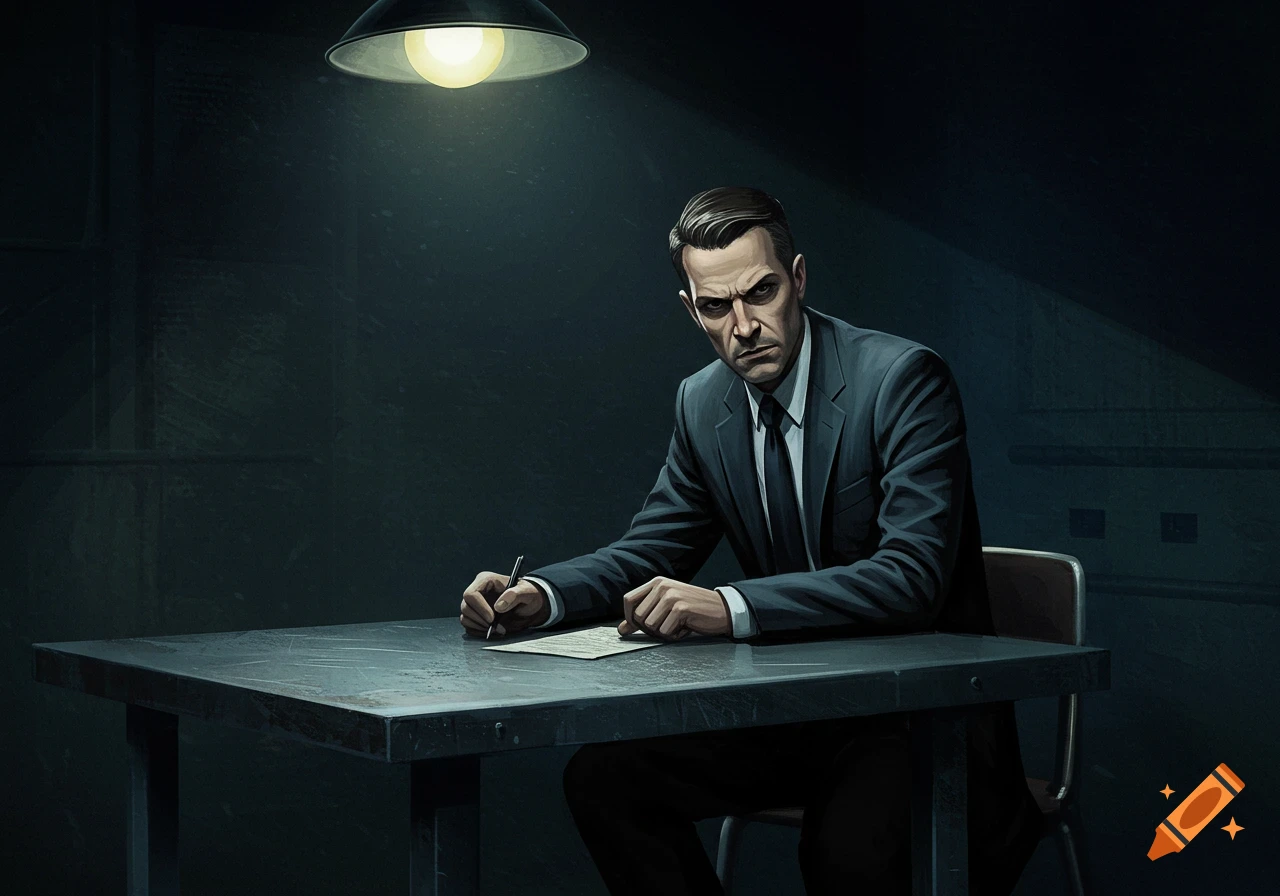 Man in suit writing at a table in a dark room under a lamp.