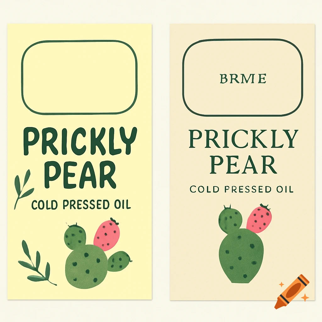 Two labels for prickly pear cold pressed oil with illustrations of prickly pear plants.