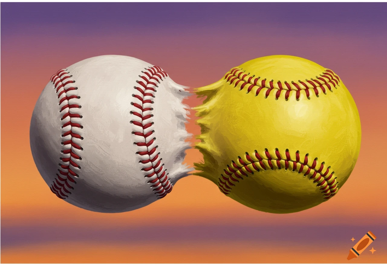 A baseball and a softball merge together against a gradient sky. on Craiyon