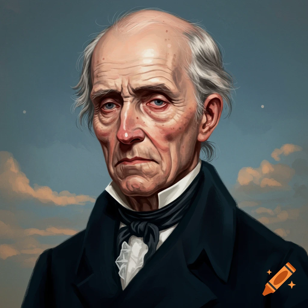 Portrait of an older man with white hair in historical clothing, against a sky background.