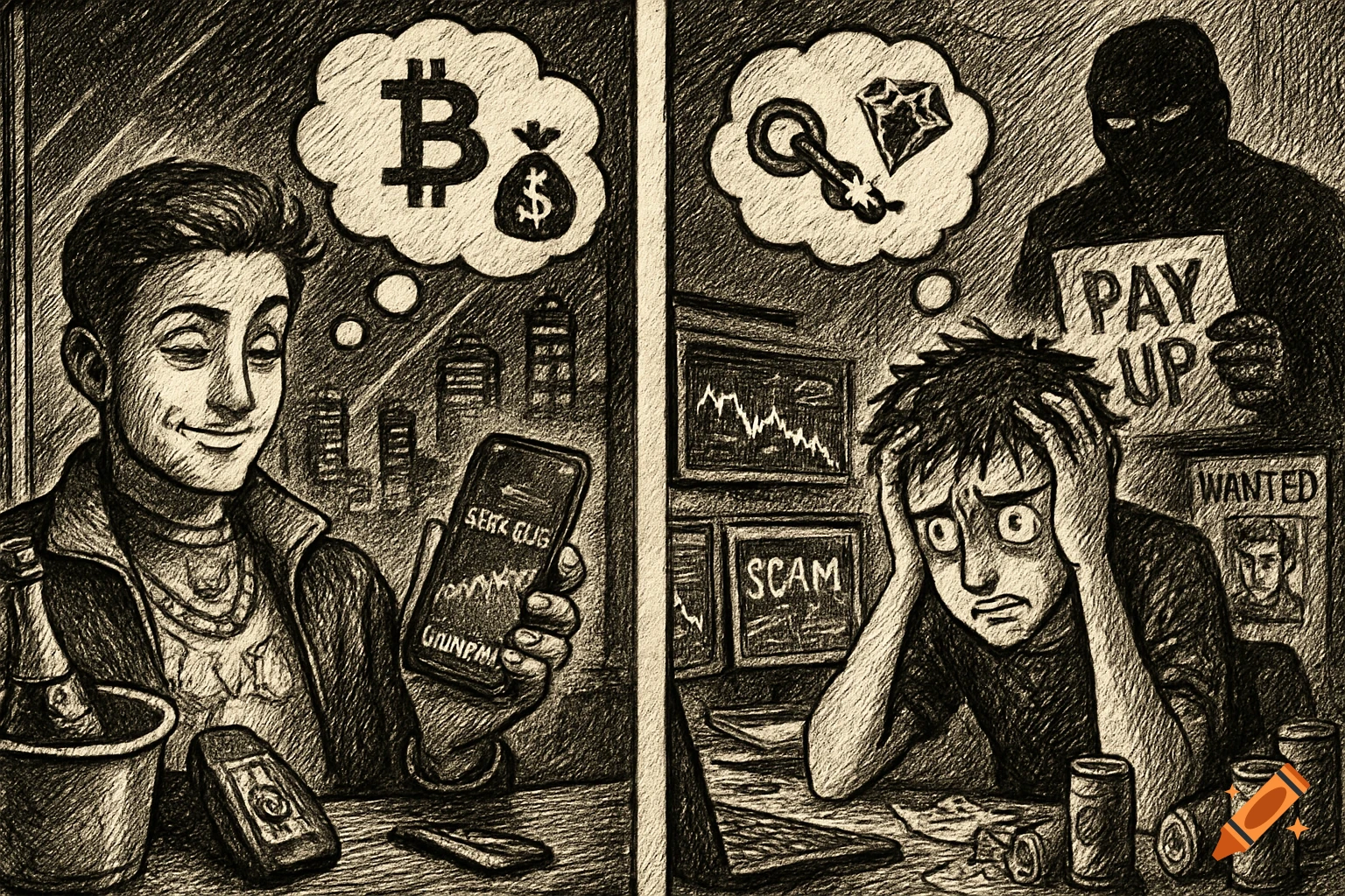Two panels in sketch style. Left: Man checks crypto on phone, thinks of money. Right: Stressed man with scam monitors, debt collector with PAY UP sign.
