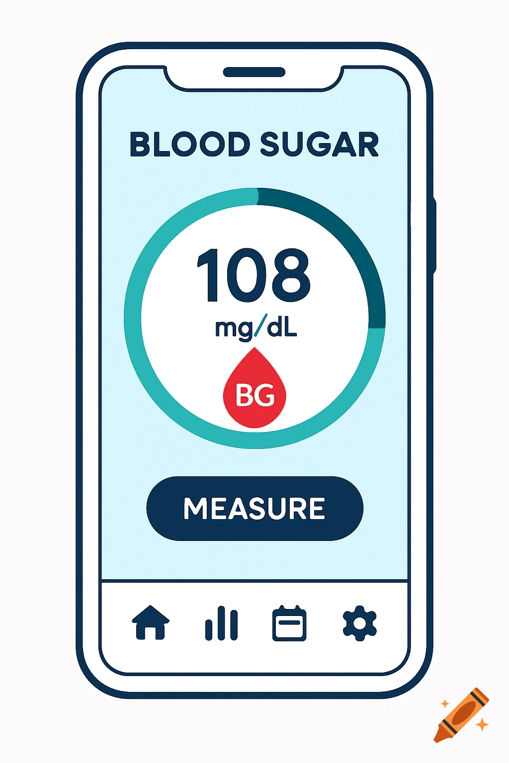 Mobile phone screen showing a blood sugar tracking app interface with the reading 108 mg/dL.