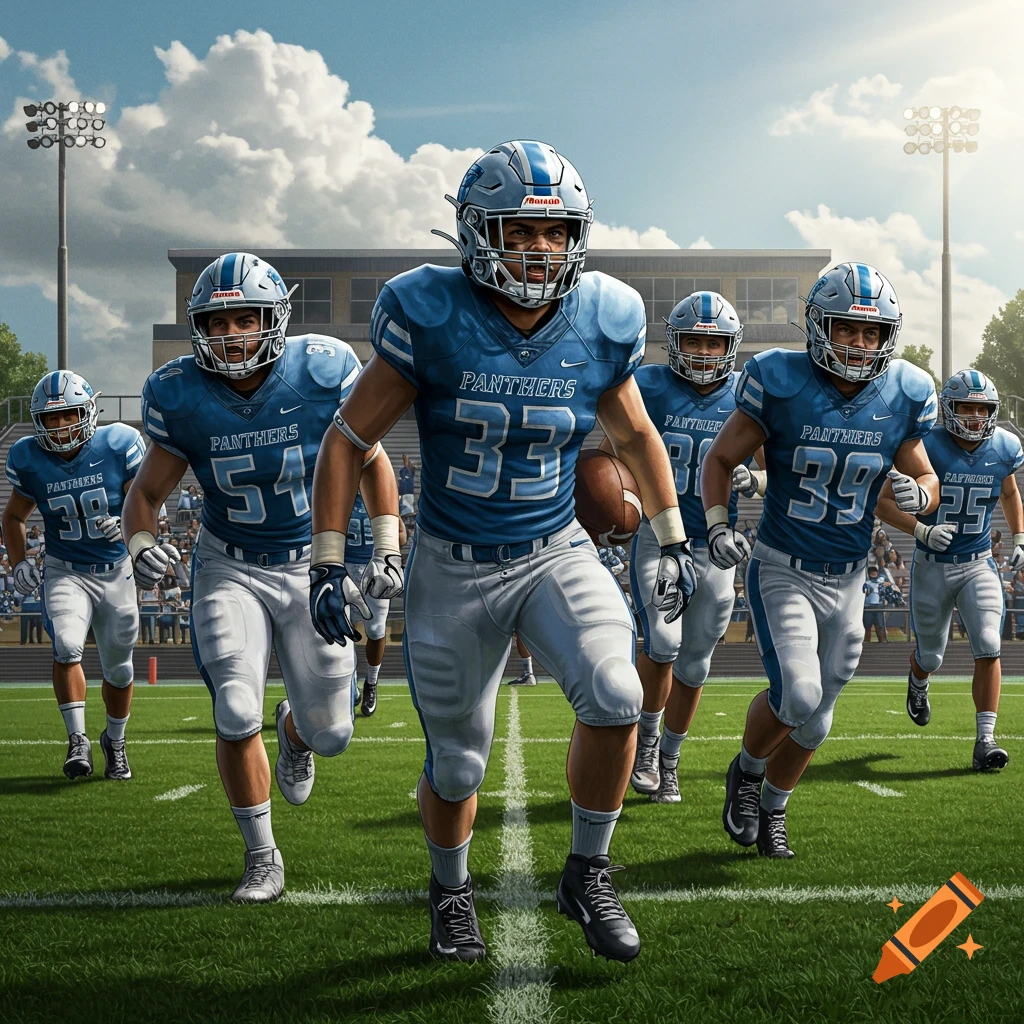 Group of football players in blue uniforms running on a grass field.