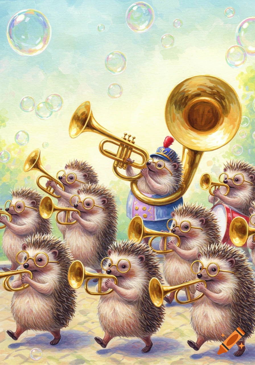 A group of hedgehogs wearing glasses march in a parade playing brass instruments while bubbles float in the air.