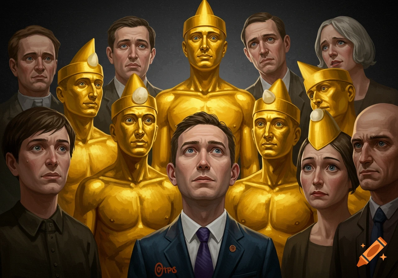 A man looks up in the center, surrounded by golden muscular figures and other people looking on with distress. The golden figures wear conical hats.
