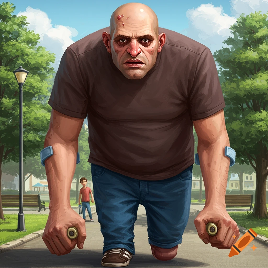 A large, bald man using arm supports walks in a park, viewed from a low angle. A small child is visible in the background.