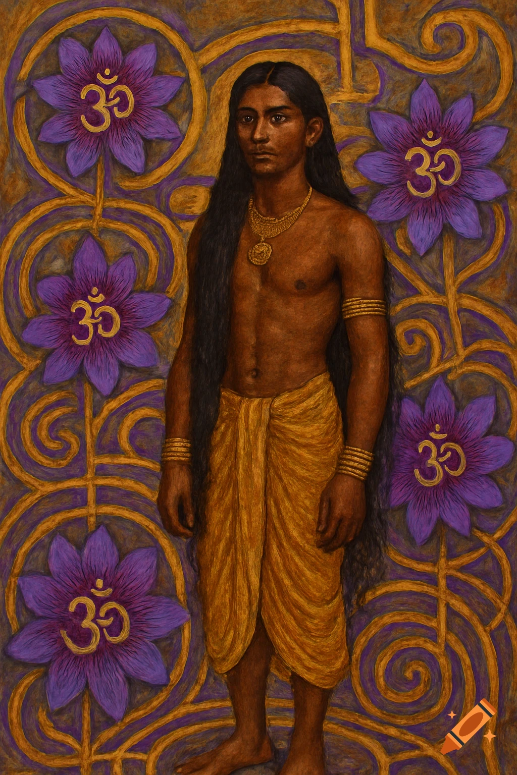 Oil painting portrait of a man with long dark hair, gold jewelry, and a sarong standing in front of purple lotus flowers with Om symbols and gold swirls.