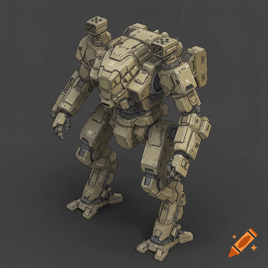 A detailed, desert-colored robot mech stands in a battle-ready pose.
