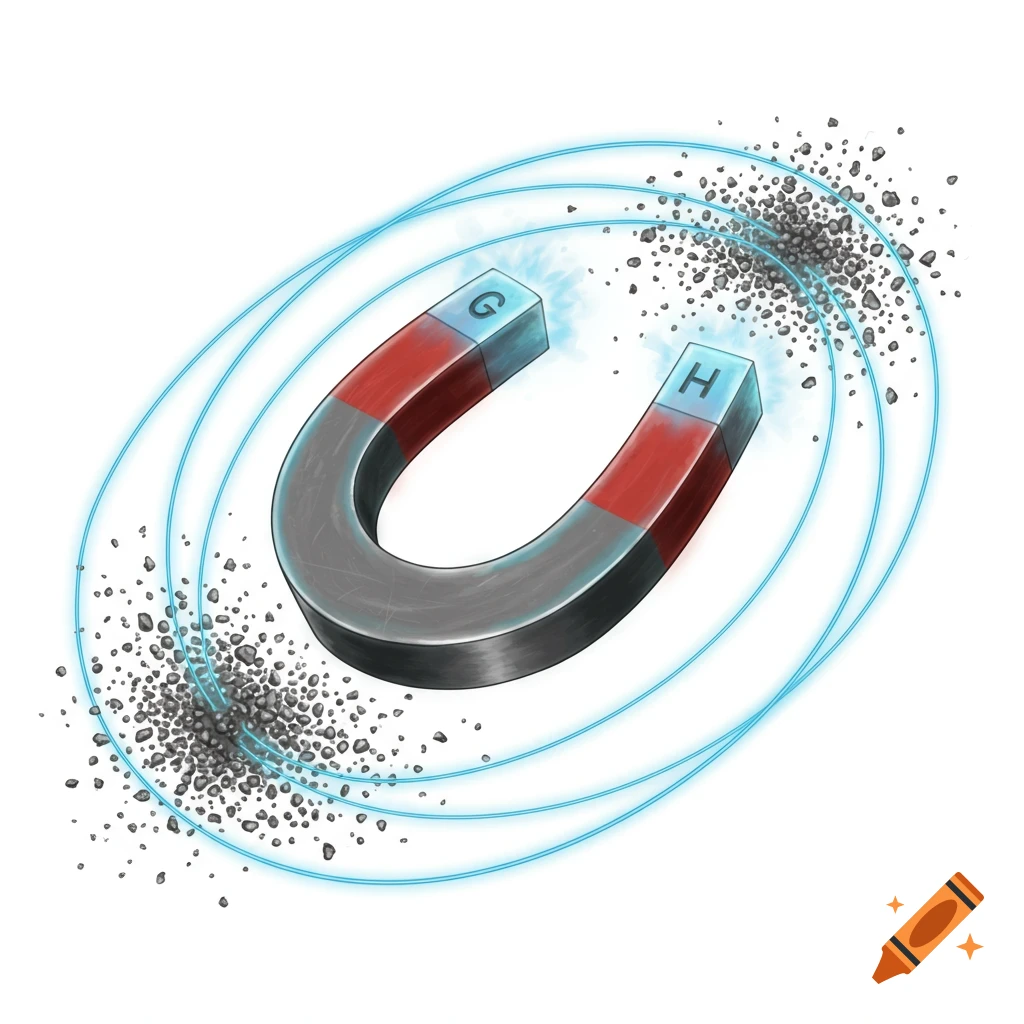 Illustration of a horseshoe magnet attracting iron filings, with magnetic field lines shown.