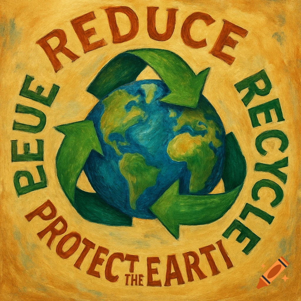 Illustration of Earth surrounded by green recycling arrows and text: REDUCE RECYCLE REUE PROTECT THE EARTH. Painted style.