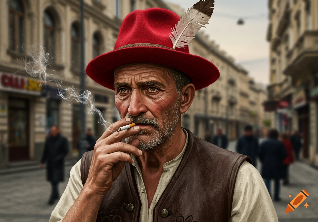 A man in a red hat smokes a cigarette on a city street.
