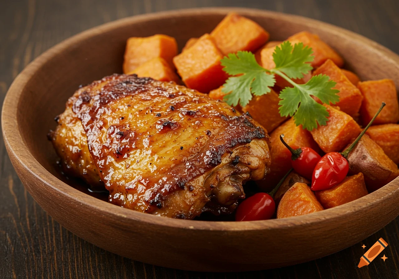 Jerk chicken thigh with sweet potato cubes and peppers in a wooden bowl.