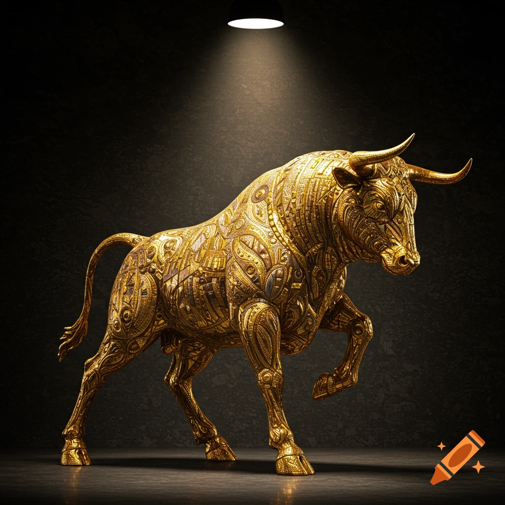 A golden bull statue with intricate patterns under a spotlight.