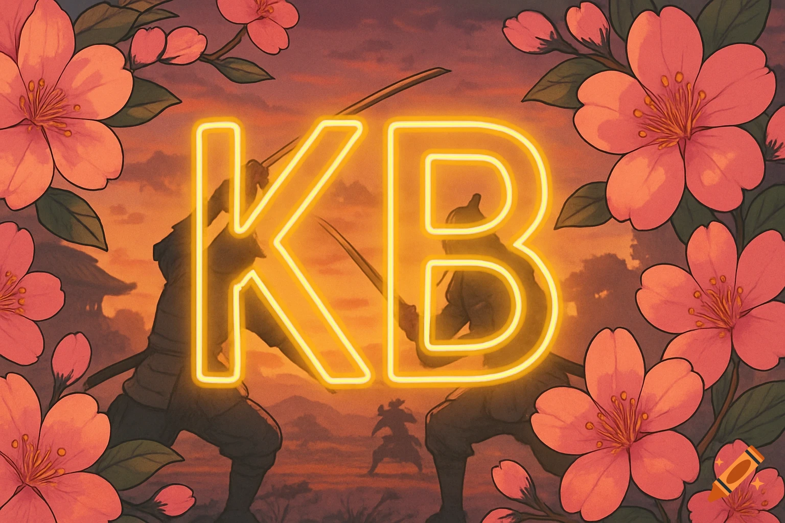 Neon gold letters KB over anime style samurais fighting, framed by pink cherry blossoms.