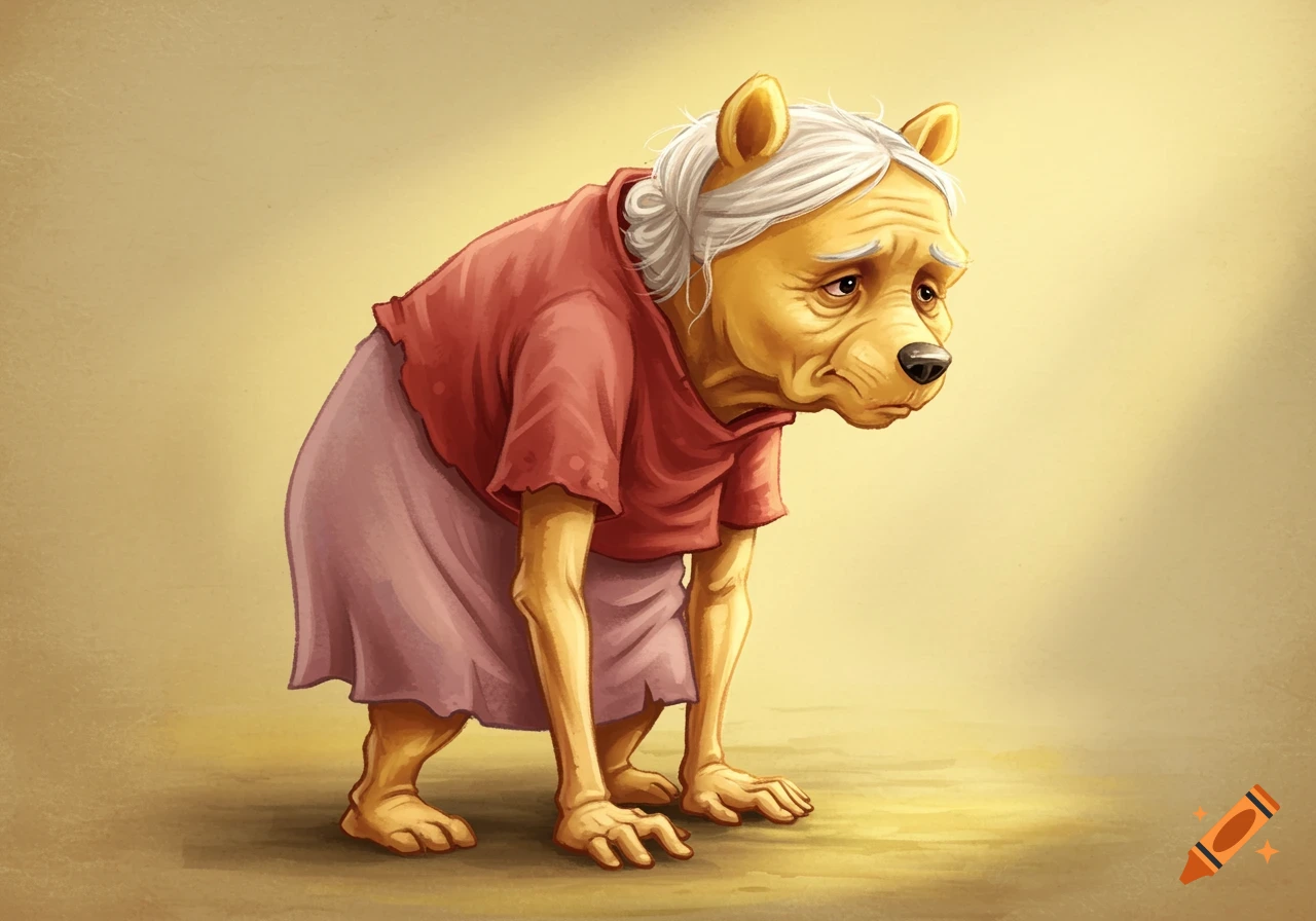 Illustration of Winnie the Pooh as a hunched, frail old woman in a pink skirt and red shirt.