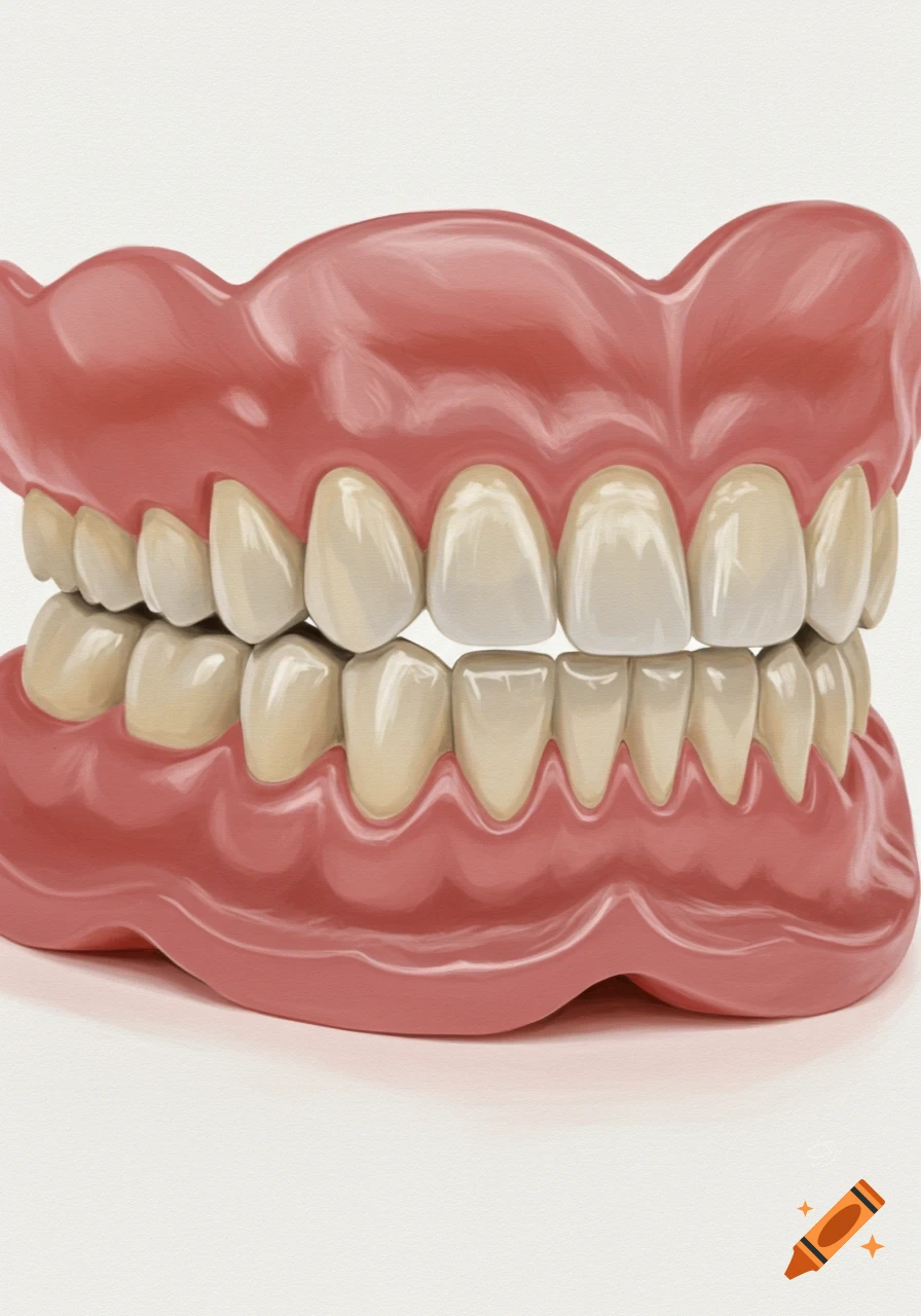 A digital illustration of a pair of dentures showing upper and lower teeth and gums.