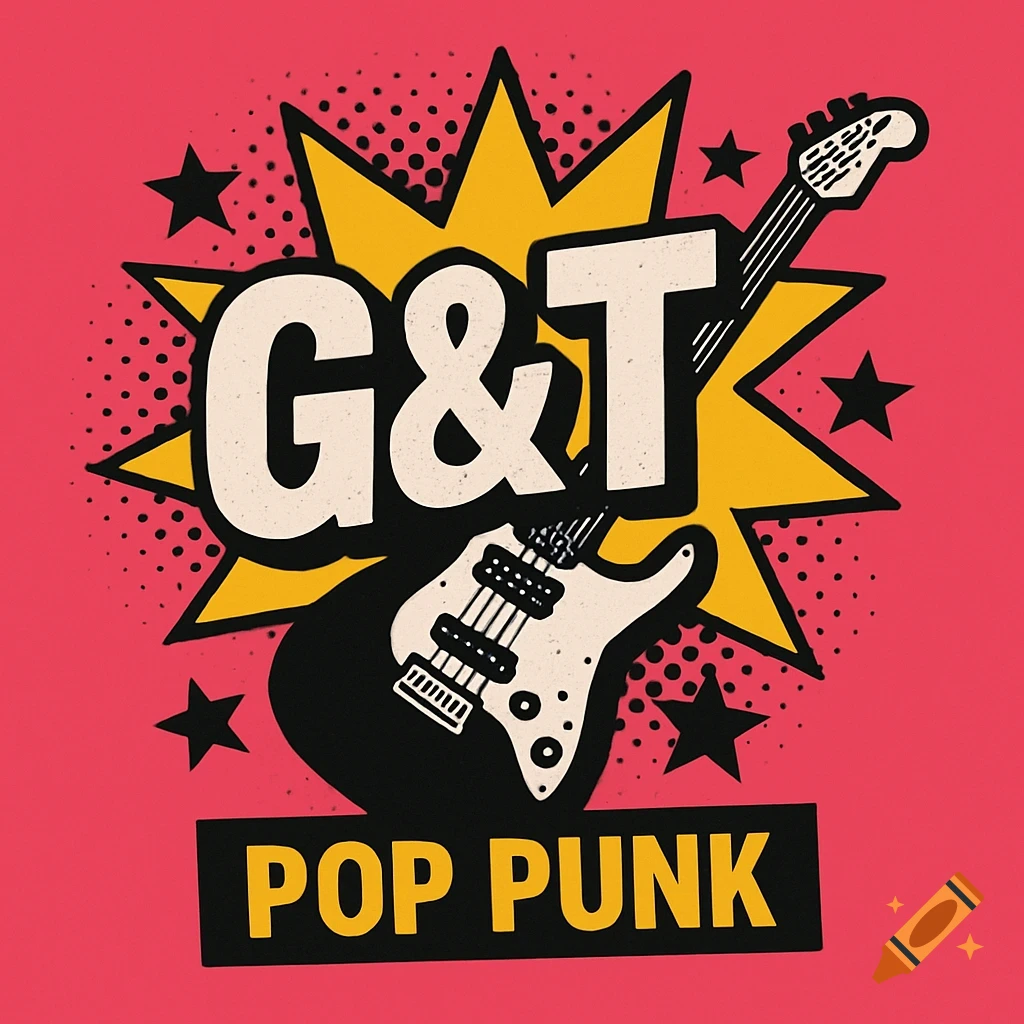 Pop punk album cover illustration with 'G&T POP PUNK' text, guitar, stars, and starburst graphic