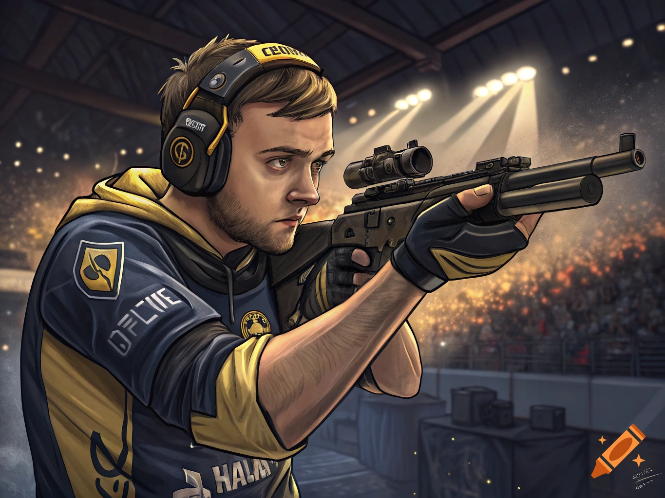 Illustration of a man in esports headphones aiming a shotgun in a stadium