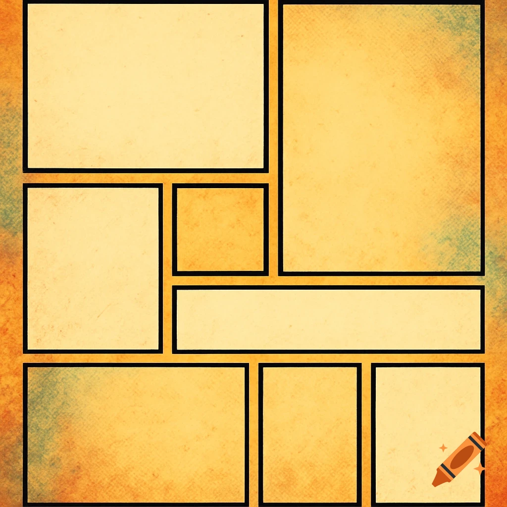 Comic book page layout with blank panels on a textured background