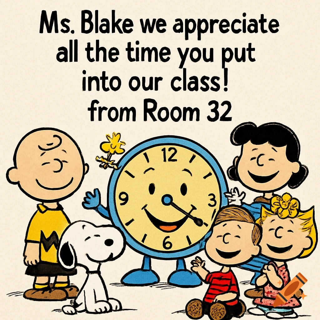 Peanuts characters and a happy clock with text: "Ms. Blake we appreciate all the time you put into our class! from Room 32"