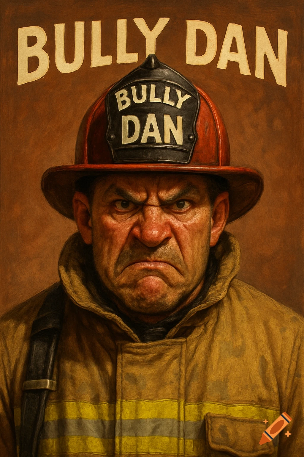 A stern firefighter portrait in a vintage poster style with 'BULLY DAN' text.