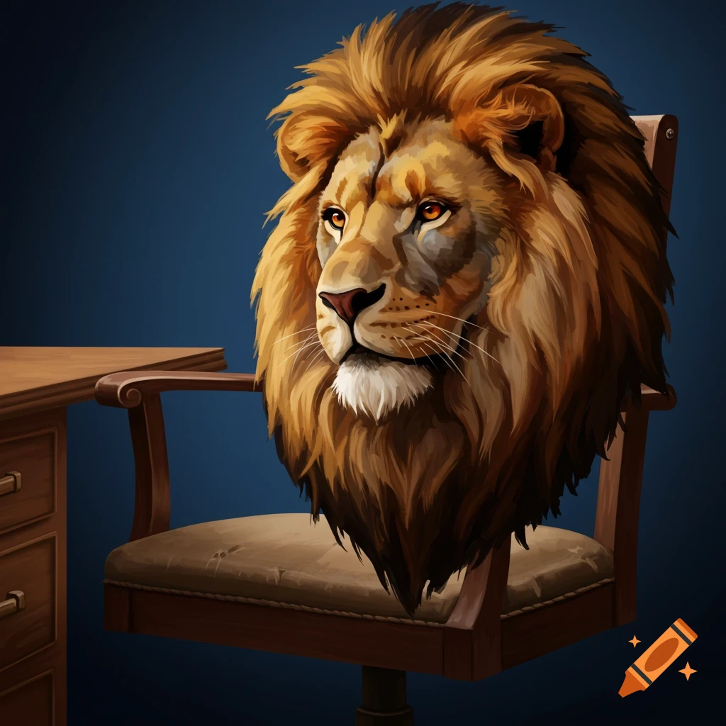 A detailed illustration of a lion's head resting on a desk chair next to a wooden desk.