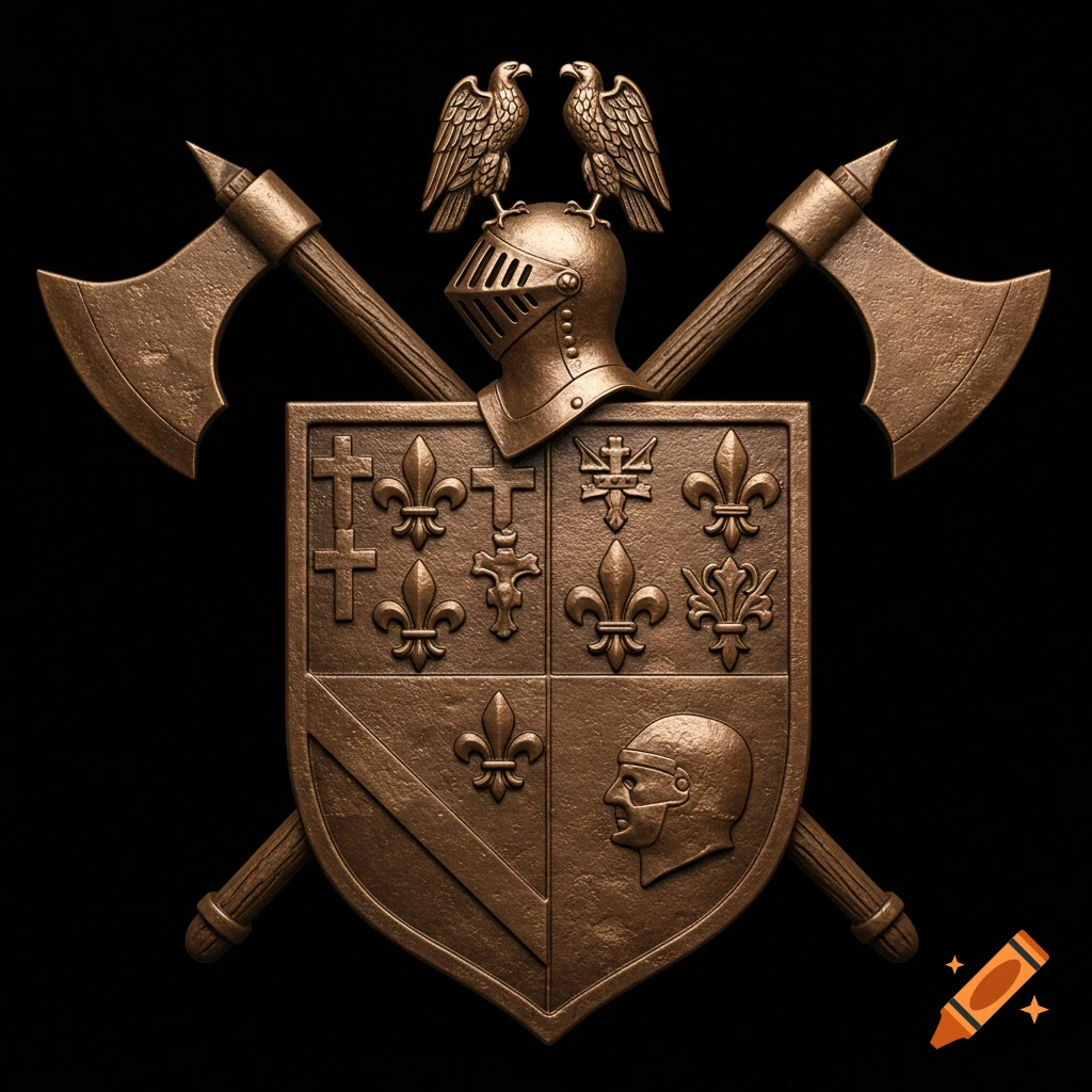 A bronze coat of arms with crossed axes, a shield featuring symbols, a helmet, and two eagles against a black background.