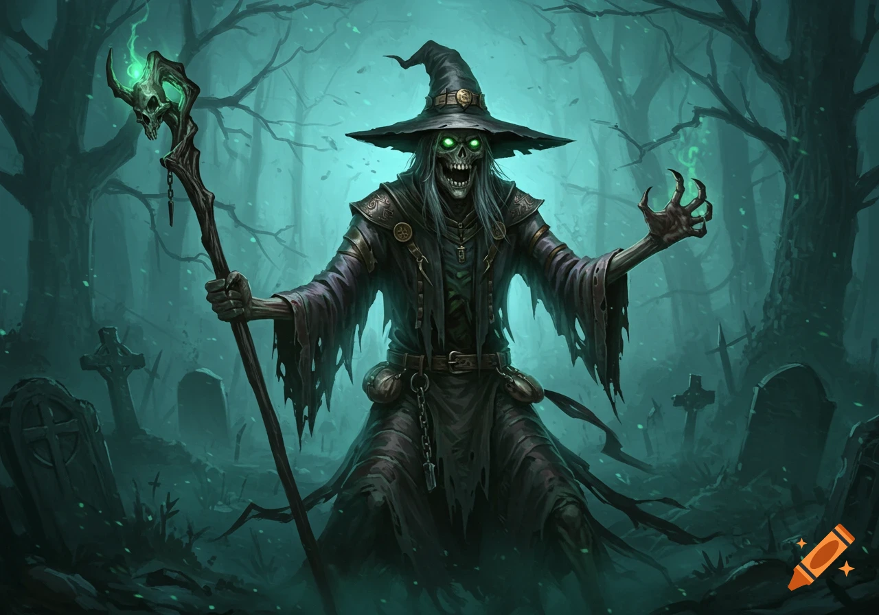 Gothic undead wizard with glowing green eyes and staff in a graveyard.