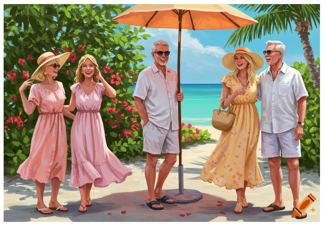 Illustration of five people on a sunny beach with an umbrella.
