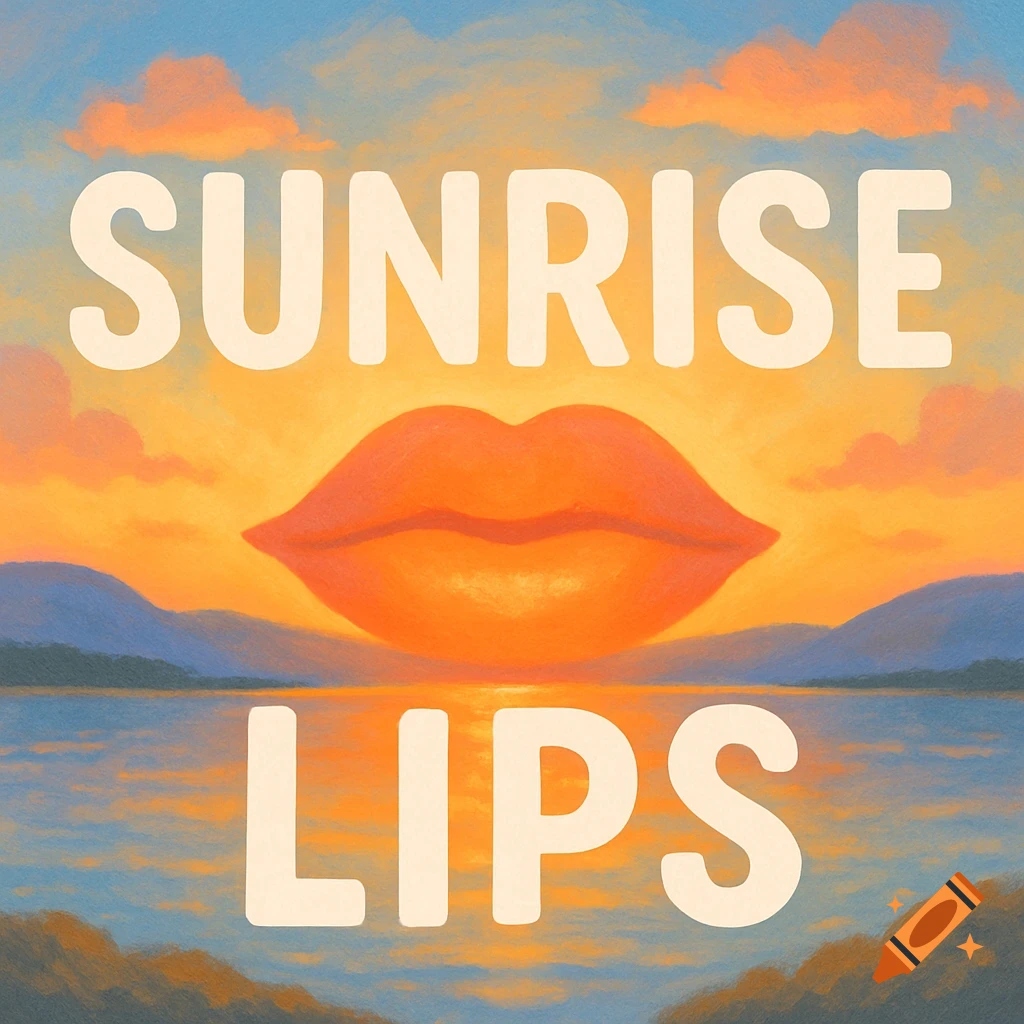 Painting of a sunrise over water with mountains, featuring large text 'SUNRISE LIPS' and lips over the sun.