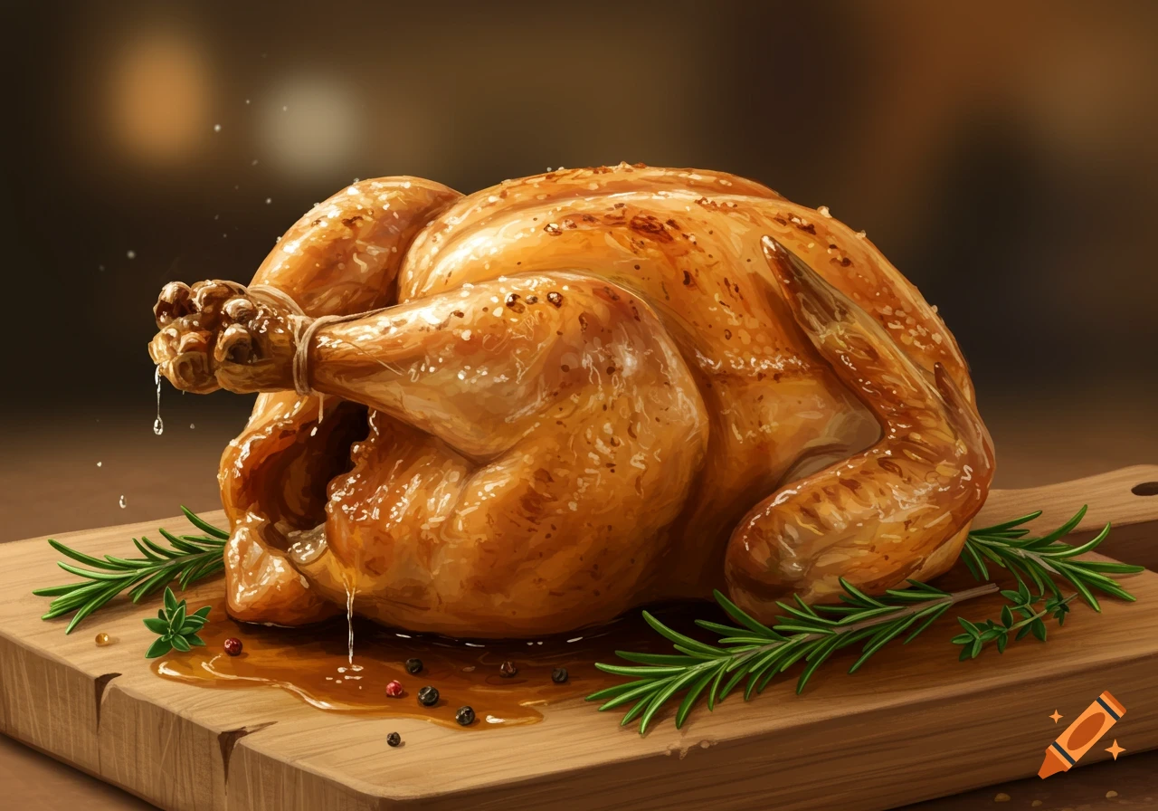 A glistening roasted chicken sits on a wooden cutting board with rosemary and spices.