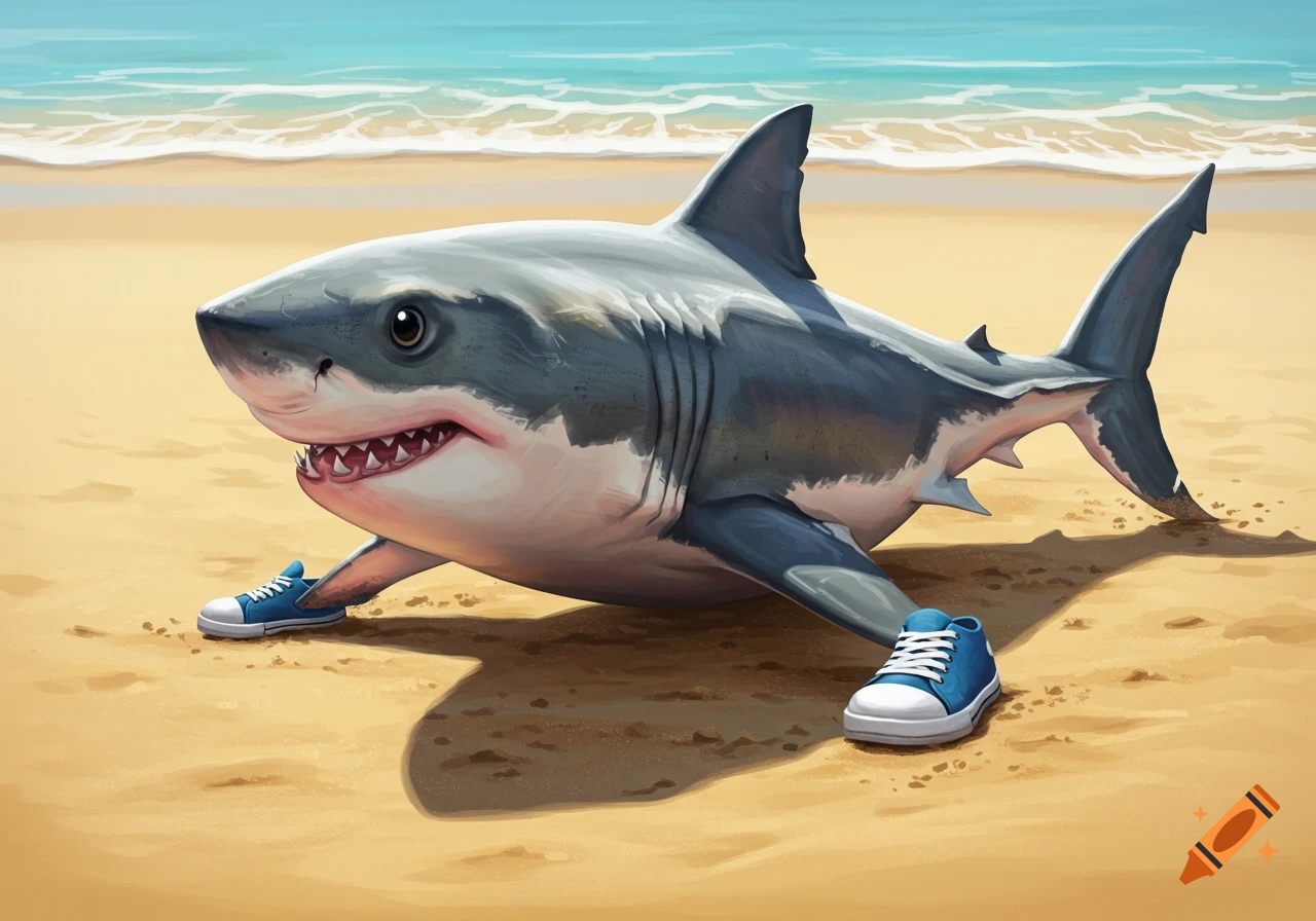 Illustration of a great white shark wearing blue sneakers on a sandy beach.