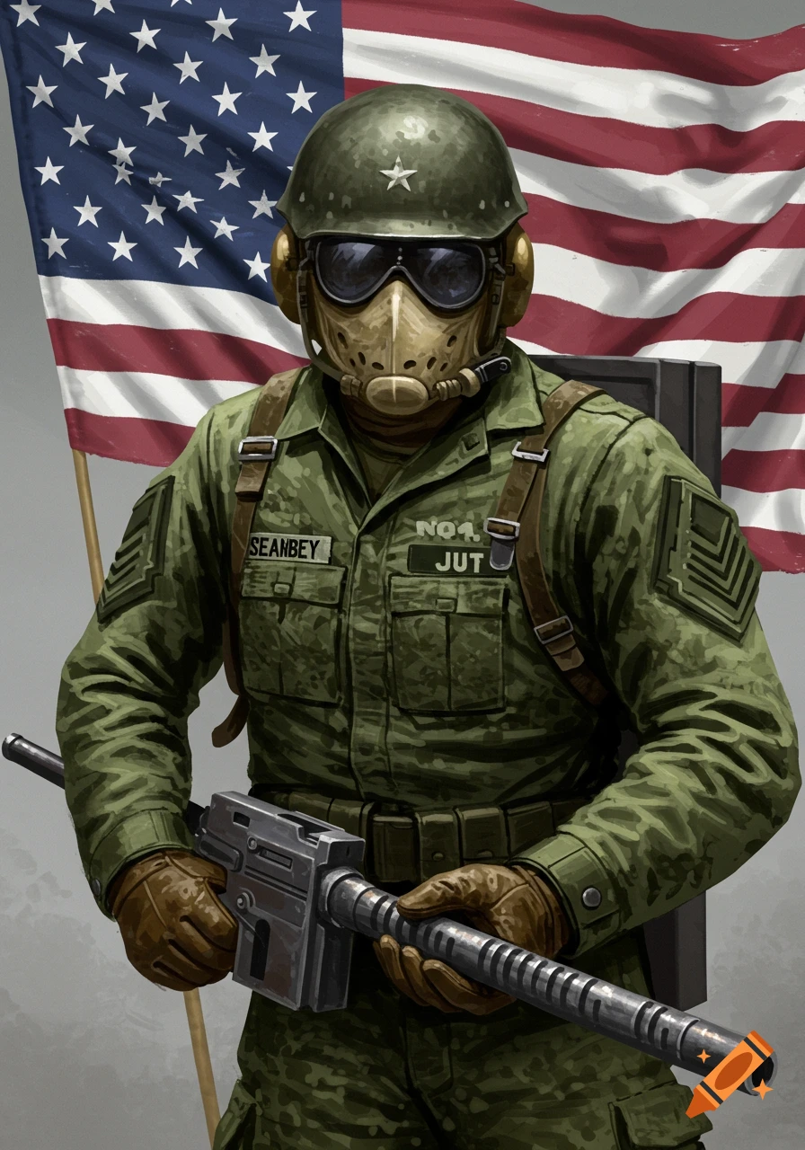 Masked soldier in military uniform stands holding a weapon in front of a US flag, digital illustration.