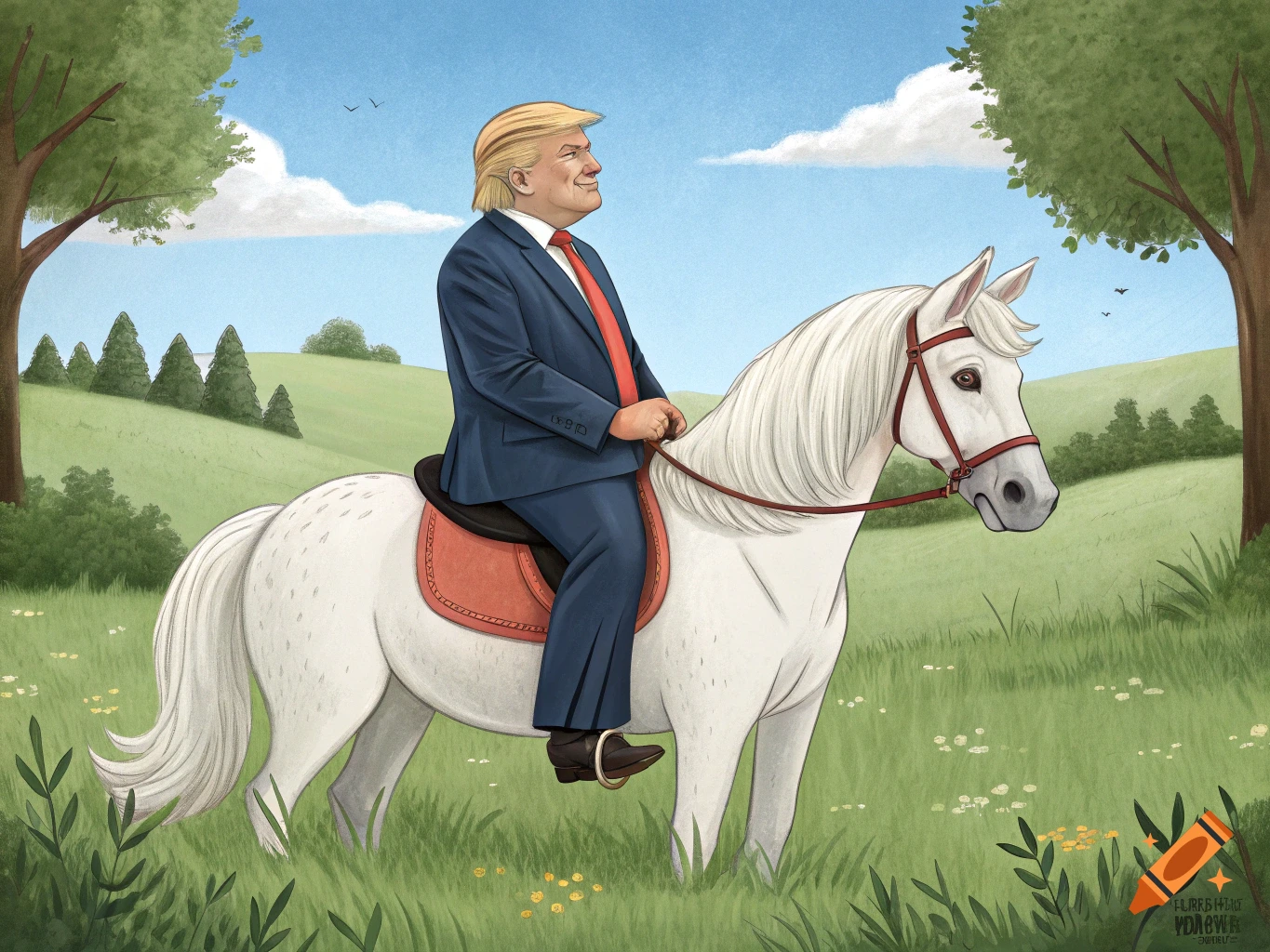 Illustration of Donald Trump riding a white horse in a grassy field.